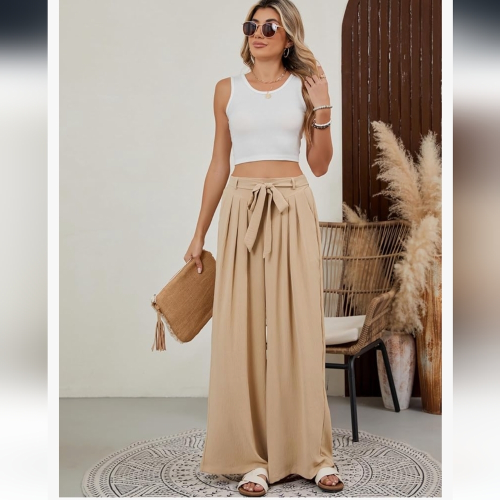 Womens Flowy Palazzo Pants High Waisted Wide Leg Trousers - Picture 2 of 5
